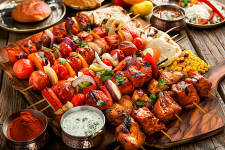 Grilled Chicken Tikka Kebabs With Vegetables On Board. Traditional Indian Dish Tikka .の素材