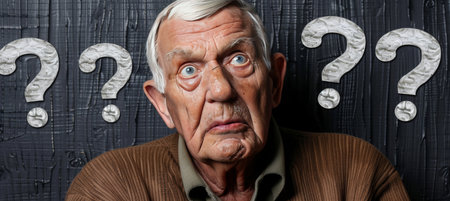 Confused Senior Man With Many Questions. Puzzled Pensioner And Question Marks, Dilemma Concept.の素材