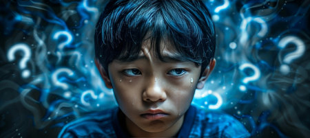 Sad, Confused, Stressed Boy Surrounded by Glowing Question Marks on a Dark Backgroundの素材