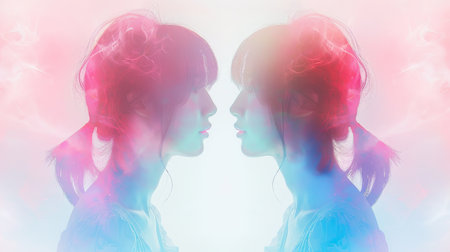 Double Exposure of Young Woman A Serene Abstract Portrait with Soft Lighting in Blue and Pinkの素材
