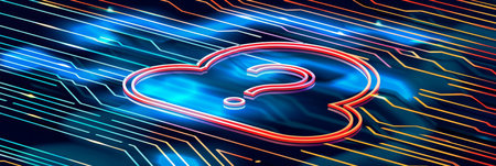 Neon Glowing Question Mark Inside a Cloud Symbol on Circuit Board, Cloud Computing Security Conceptの素材
