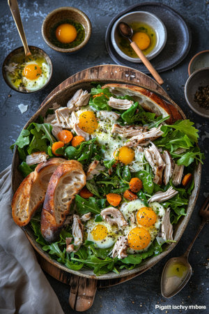 Fresh Arugula Salad with Roasted Turkey, Baked Baguette and Sunny Side Up Fried Eggs, Top Viewの素材
