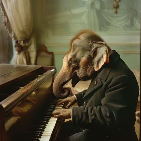 Elephant Man Playing Piano, Surreal, Fantasy, Conceptual Art, Fine Art, Painting Effectの素材