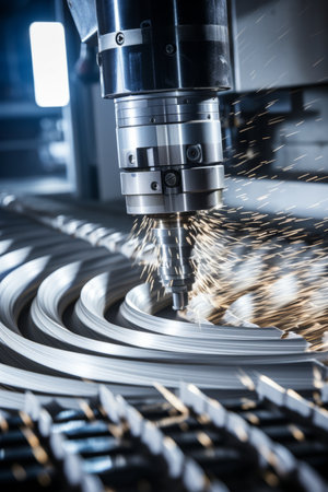 Sharp cnc drill bit in focus with machinery workings in the background for precision manufacturingの素材