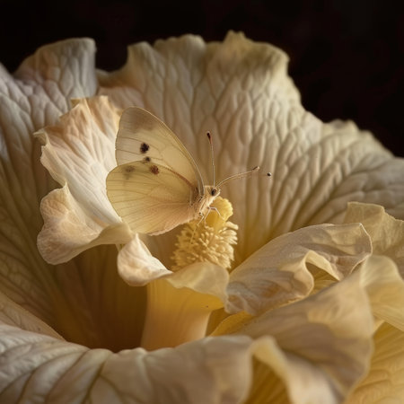Delicate White Butterfly Resting on a Soft Cream-Colored Hibiscus Flower, Macro Photographyの素材