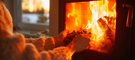 Person filling wood pellet stove with bright sunlit window in the background for efficient heatingの素材