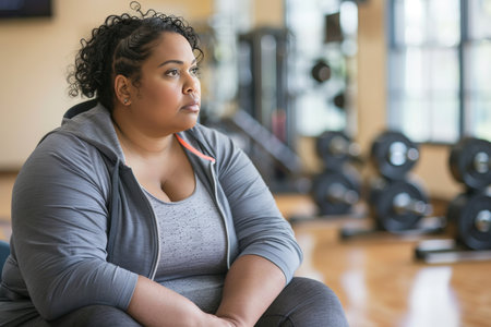 Contemplative Overweight Woman Taking a Break at the Gym, Focused on a Healthier Lifestyleの素材