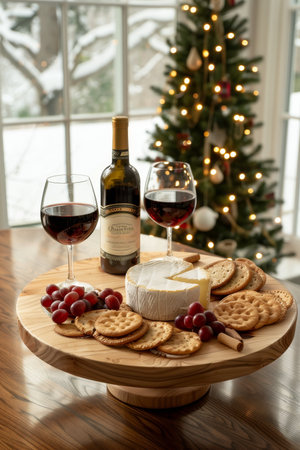 Festive Still Life with Wine, Cheese, Crackers, and Christmas Tree A Cozy Holiday Celebrationの素材