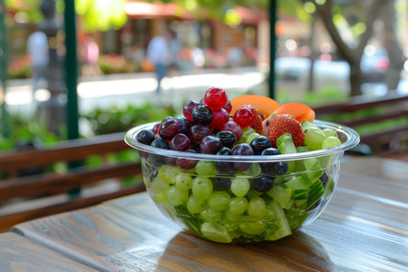 Refreshing Summer Fruit Salad A Bowl of Grapes, Berries, and Melon on a Wooden Table Outdoorsの素材