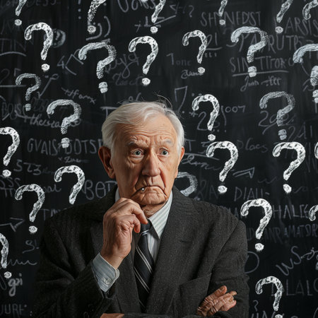 Confused Senior Man with Questions Marks, Blackboard Background, Problem Solving Conceptの素材