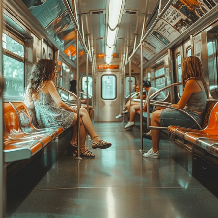 Women Passengers Riding Public Transportation, Subway Commute, Urban Travel, City Lifeの素材