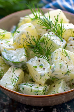 Close Up of Creamy Cucumber And Potato Salad With Fresh Dill And Black Pepper In A Rustic Bowlの素材