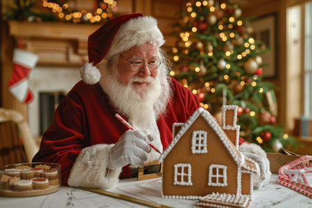 Jolly Santa Claus Ices Building a Gingerbread House Before Christmas Eve at Cozy Wooden Houseの素材