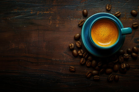Cup of Aromatic Espresso Coffee with Frothy Foam on Rustic Wooden Table, Surrounded by Coffee Beansの素材