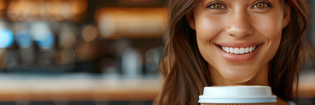 Closeup Of Beautiful Smiling Woman With White Teeth Holding A Paper Cup Of Coffee In Cafeの素材