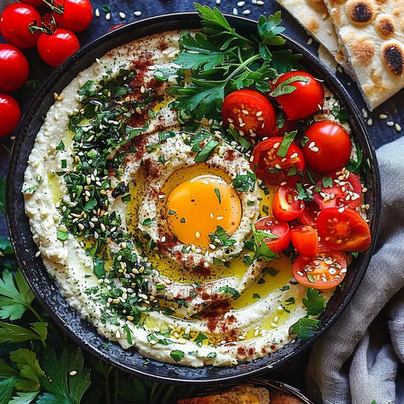 Creamy Hummus with Spices, Raw Yolk Dip Topped with Fresh Herbs, Tomatoes in Rustic Settingの素材