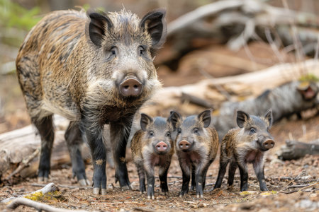 Protective Wild Boar Mother and Adorable Piglets Exploring Woodland Together, Family Portraitの素材