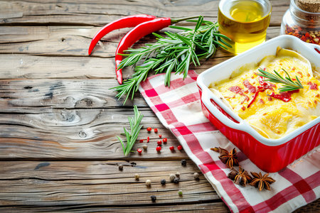 Cheesy Lasagna on Rustic Wood, Styled with Fresh Herbs, Spices, and Oil for Food Photographyの素材