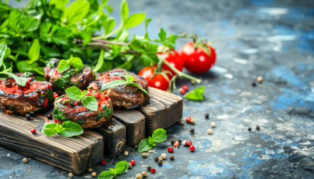 Grilled Beef Meatballs with Herbs, Spices, and Tomatoes on Rustic Wooden Board, Food Photographyの素材