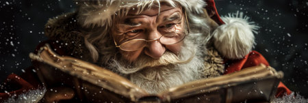 A Kind  Jolly Santa Claus Reading an Old Book During Christmas, Festive Holiday Wonderの素材