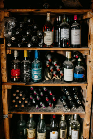 Variety of Wine Bottles on a Wooden Shelf, Wine Cellar Collection, Wine Tasting Conceptの素材