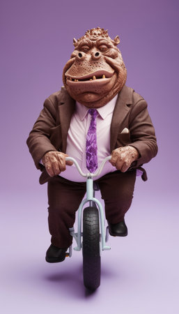Funny Hippopotamus Businessman in Suit and Tie, Riding a Small Bicycle on Purple Backgroundの素材