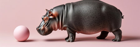 A Large Hippopotamus Stands Majestically on a Pink Background, Contemplating a Bright Sphereの素材