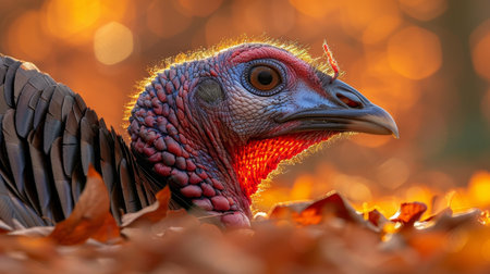 Wild Turkey Close-Up, Colorful Male Turkey Portrait in Autumn Foliage with Golden Hour Lightの素材