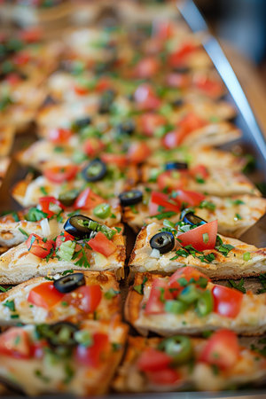 Delicious Bruschetta Italian Toast Appetizer Slices on a Catering Platter at a Celebrationの素材