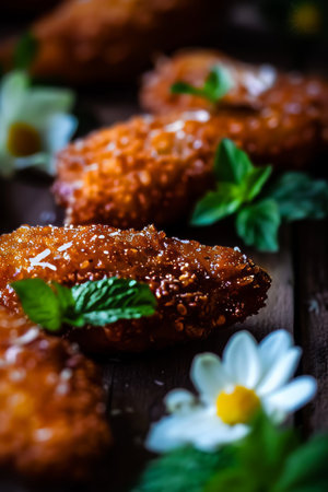 Close-Up Of Deep-Fried Banana Fritters With Honey Drizzle And Mint Garnish On Dark Wooden Surfaceの素材