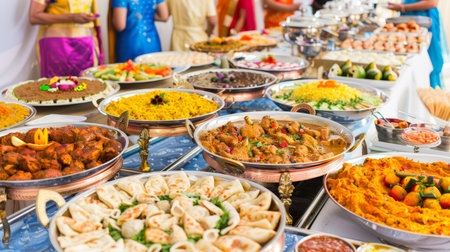 Authentic and Exquisite Delights Vibrant Indian Feast Spread On. Buffet Serving a Banquetの素材