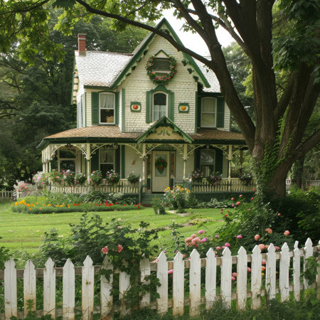 Charming Victorian Cottage With a White Picket Fence, Lush Green Lawn, and Beautiful Flower Gardenの素材