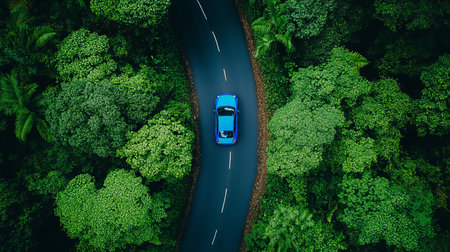 Aerial View Of Blue Car Driving On A Scenic Winding Road Surrounded Lush Green Forestの素材