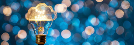 Cloud Computing Illuminated Light Bulb with Cloud Filament on Abstract Blue Backgroundの素材