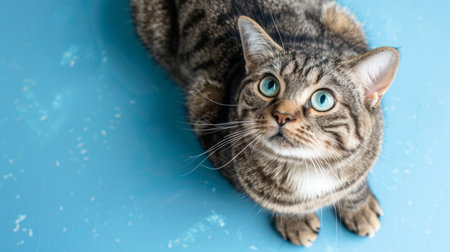 Curious Tabby Cat with Intense Gaze on Blue Background Portrait of a Adorable Felineの素材