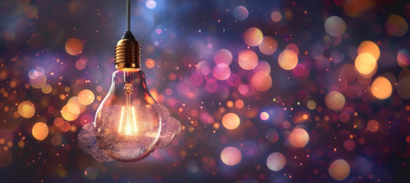 Vintage Light Bulb Glowing on a Sparkling Background, Concept for Creativity, Idea and Innovationの素材