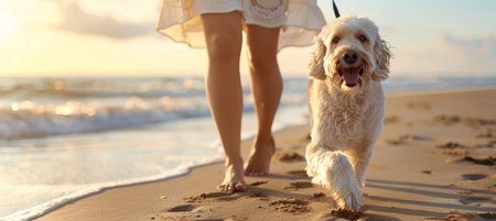 Woman in sundress plays with golden retriever on beach at sunset, creating serene scene.の素材