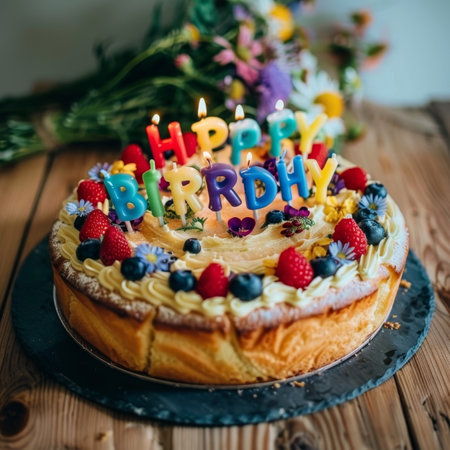 Delicious Homemade Birthday Cake with Colorful Letter Candles, Blueberries and Strawberries on Topの素材
