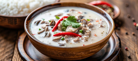 Spicy Coconut Soup Aromatic Tom Kha Gai with Chicken, Mushrooms, and Herbs on Rustic Tableの素材