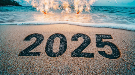 2025 Written on Sandy Beach with Fireworks Celebrating New Year over the Sea. Happy New Year 2025の素材