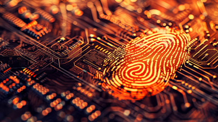 Detailed digital fingerprint on metal with blurred futuristic cityscape in backgroundの素材