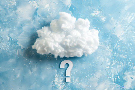White Fluffy Cotton Wool Cloud with Question Mark on Blue Textured Background, FAQ Conceptの素材