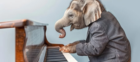 Elephant in a Suit Playing the Piano on White. The Musician Animal Pianist Plays Jazz Music Concert.の素材