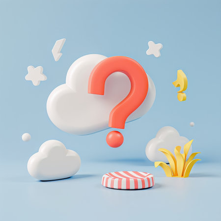 3D Render of Floating Question Mark with Clouds and Abstract Shapes on Blue Background.の素材
