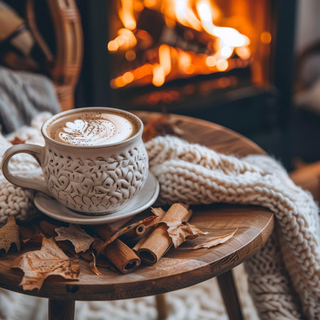 Cozy Autumn Evening Latte Art by the Fireplace with Knit Blanket, Cinnamon, and Fall Leavesの素材