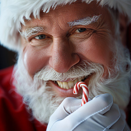Happy Santa Claus Portrait with White Beard Holding Candy Cane, Christmas Spirit and Holiday Cheerの素材