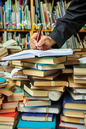 Student Hand Writing On Notebook With Bookshelf Background, Learning And Education Conceptの素材