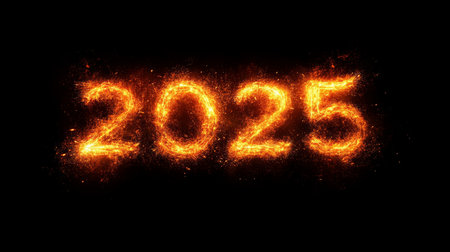 Fiery inscription of the year 2025, burning numbers on a dark background. Abstract fire effect.の素材