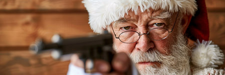 Angry Santa Claus with a Gun. Senior Man in Santa Hat Holds handgun, Aiming at Camera.の素材