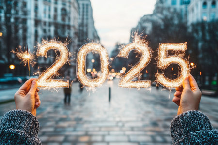 Celebrating New Year 2025 Sparklers Forming Year Number on Festive City Blurred Backgroundの素材